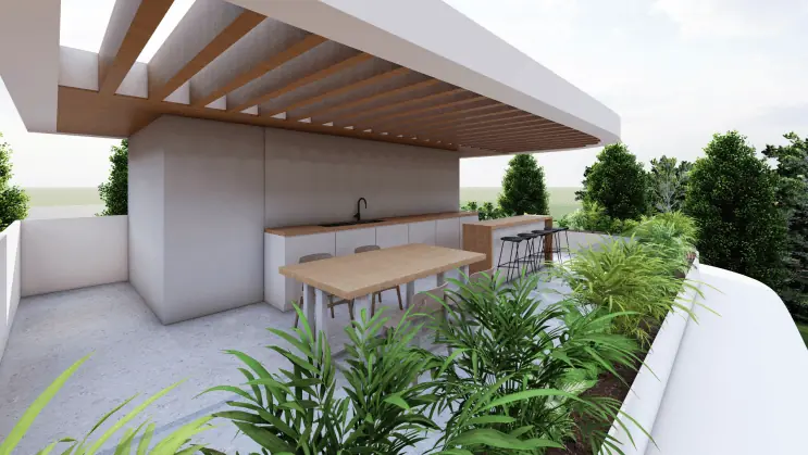Outdoor kitchen and dining on the roof terrace