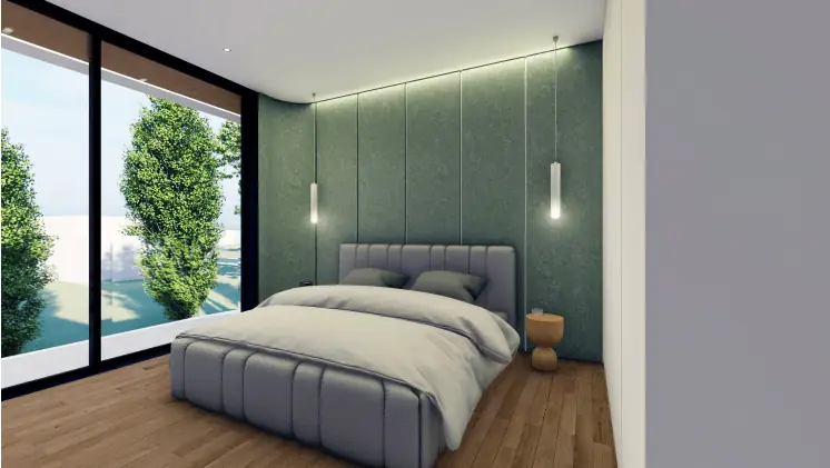 Main bedroom with upholstered feature wall