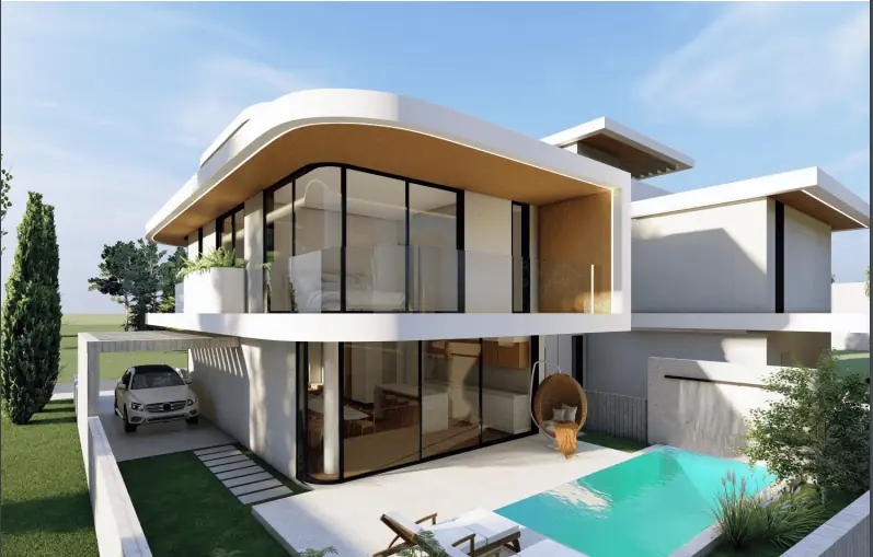Garden side of the villa with pool and covered parking