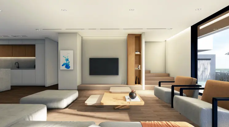 Open-plan living room with oak floors