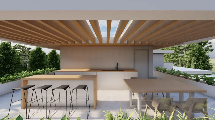 Roof terrace with outdoor kitchen under a timber pergola
