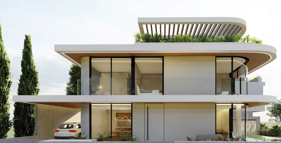 Villa elevation with curved timber-lined roof edge