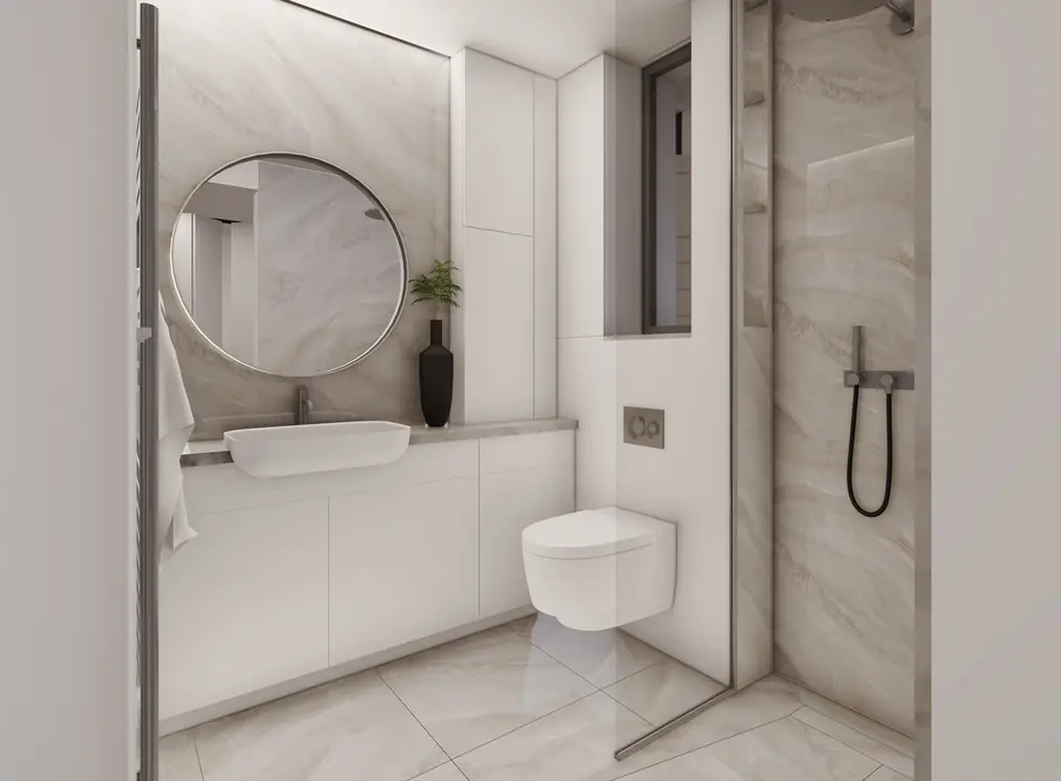 Bathroom with walk-in shower and wall-hung fittings