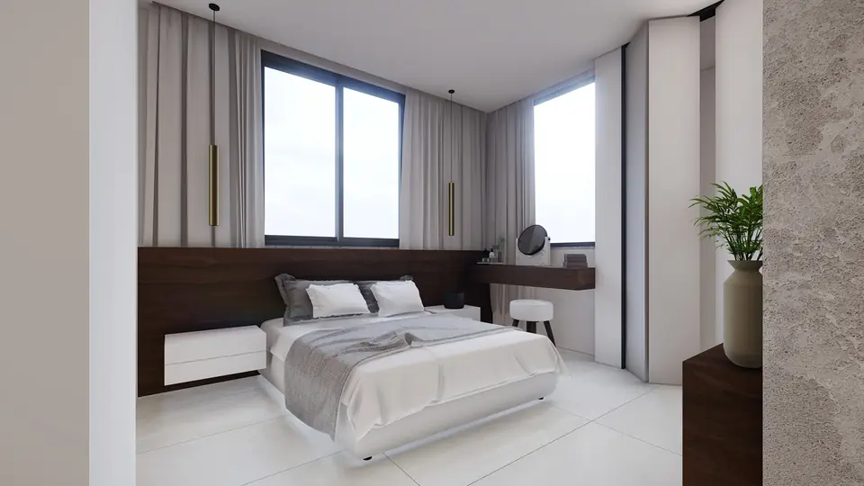 Main bedroom with walnut and stone finishes