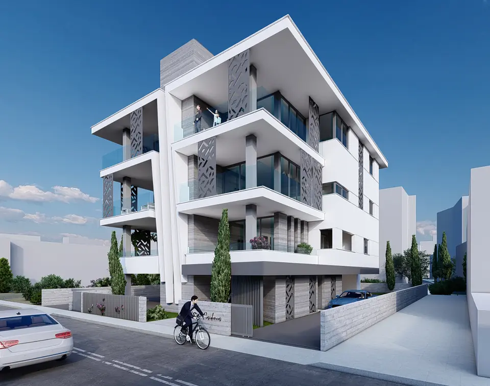 Rise Residences, Paphos: contemporary white building with patterned screens