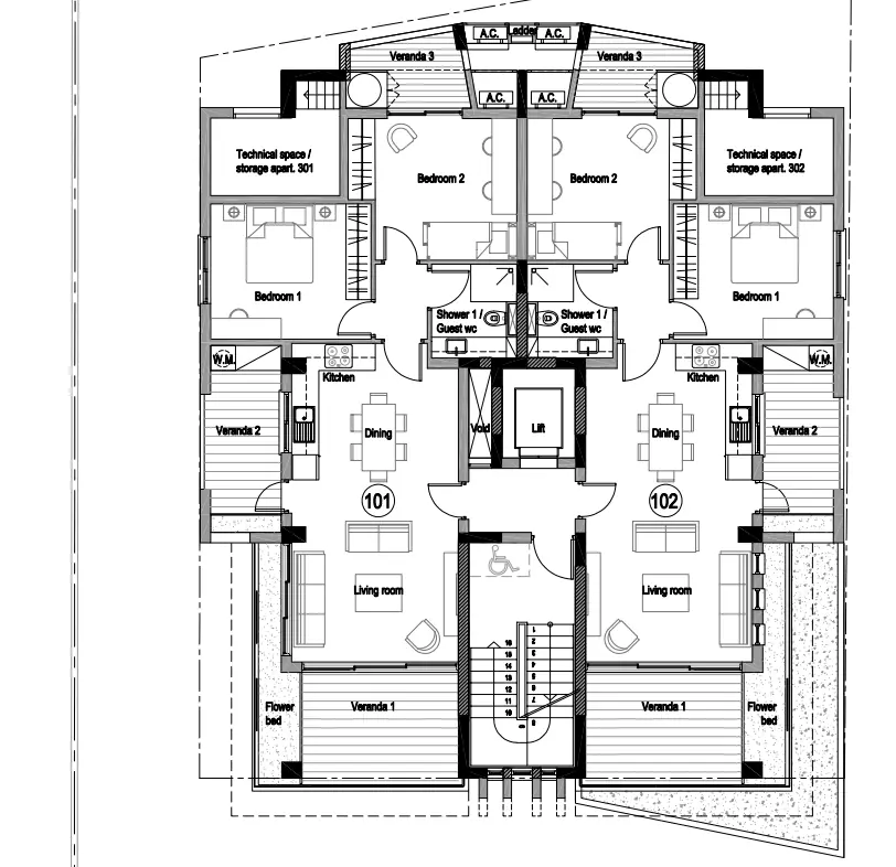 Typical floor plan: two 2-bedroom apartments per floor