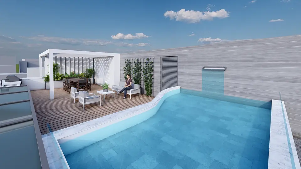 Rooftop pool and sun deck at Rise Residences