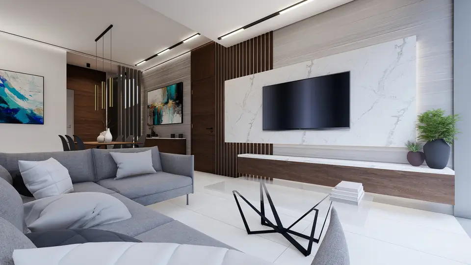 Living room feature wall in book-matched marble