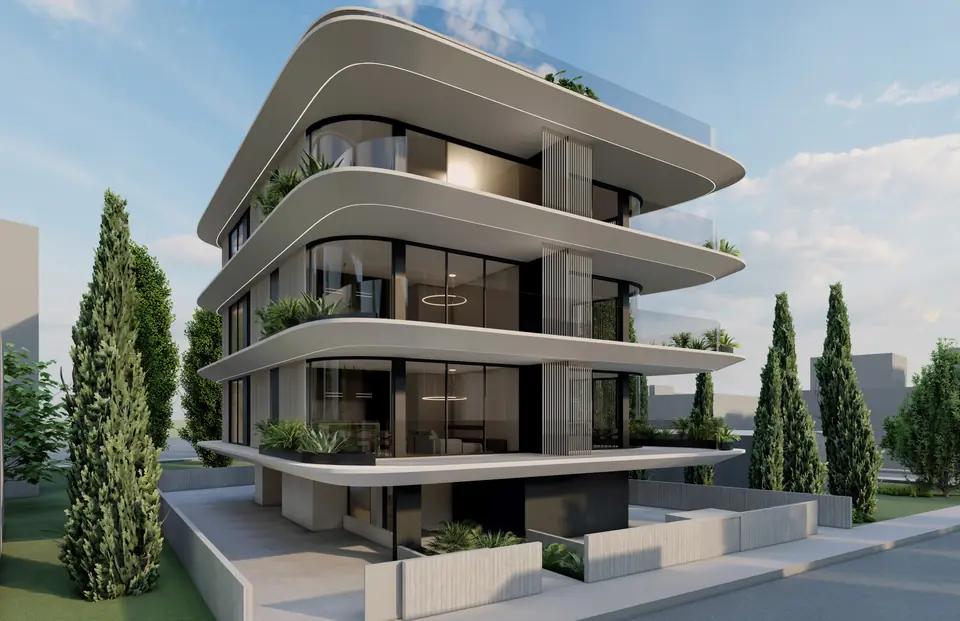 Sabih Residences in Paphos, a new building by Timoleon Developers with curved, planted terraces