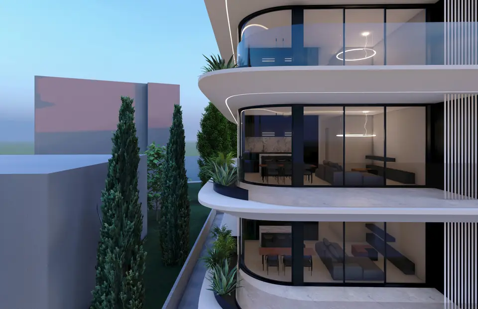 Detail of the curved balcony edges and glass balustrades