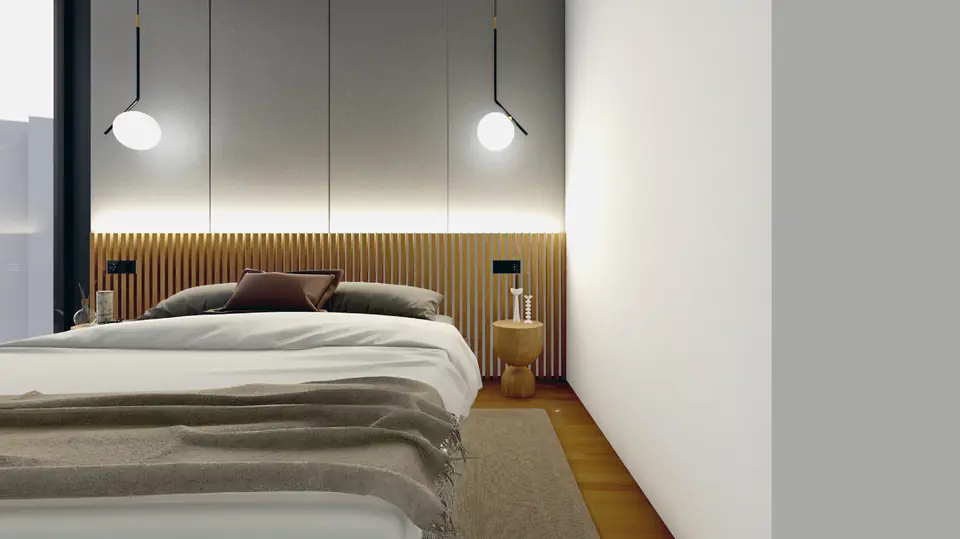 Main bedroom with timber headboard wall