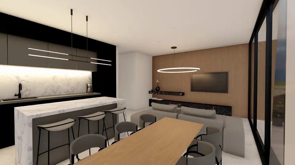 Dining area with statement ring light and marble island