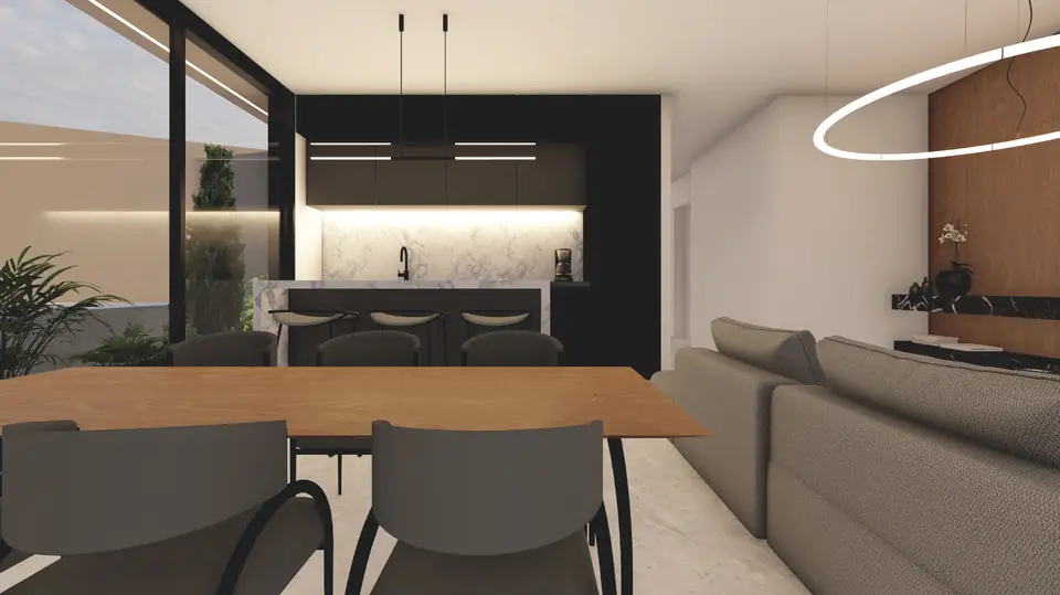 Kitchen and dining area with island and pendant lighting