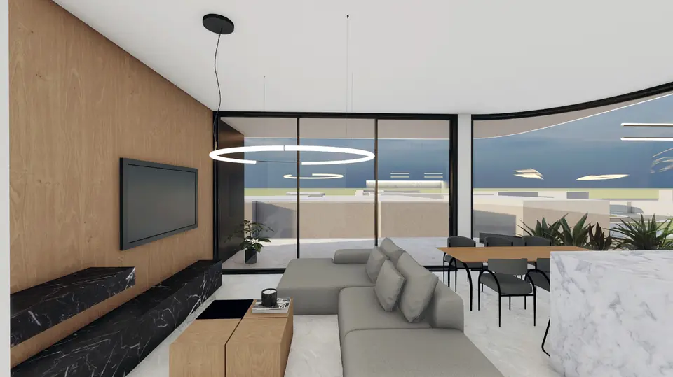 Open-plan living room with walnut feature wall and floor-to-ceiling glass