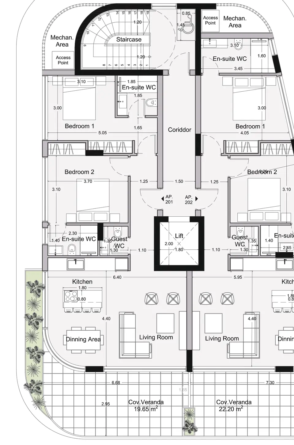 Typical floor plan: two 2-bedroom apartments per floor, both bedrooms en-suite
