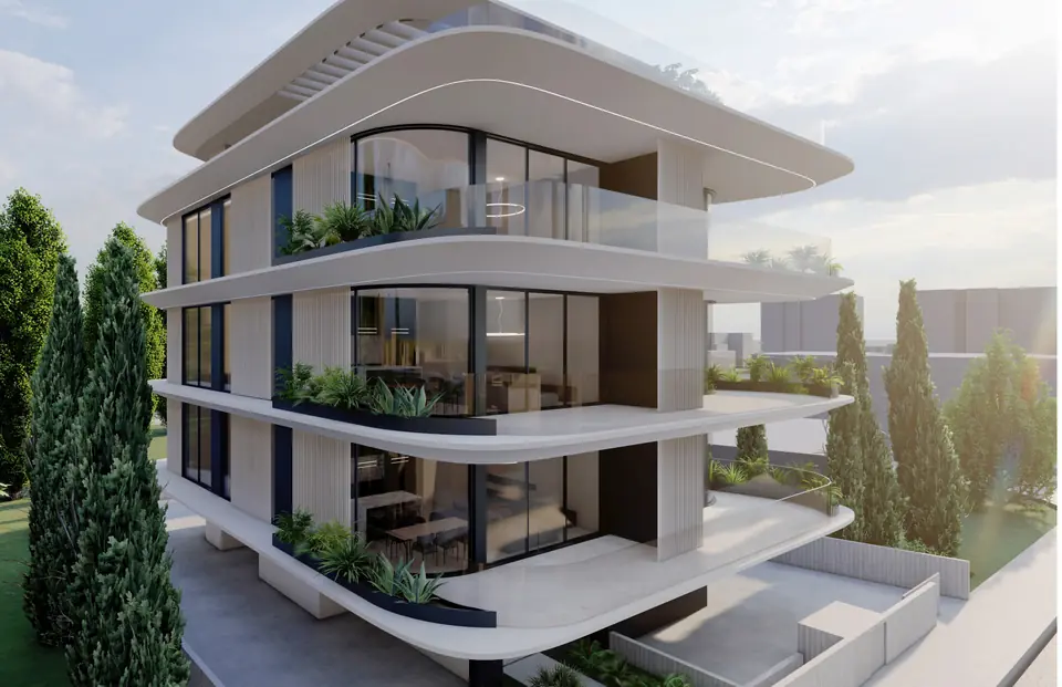Side elevation showing the layered balconies